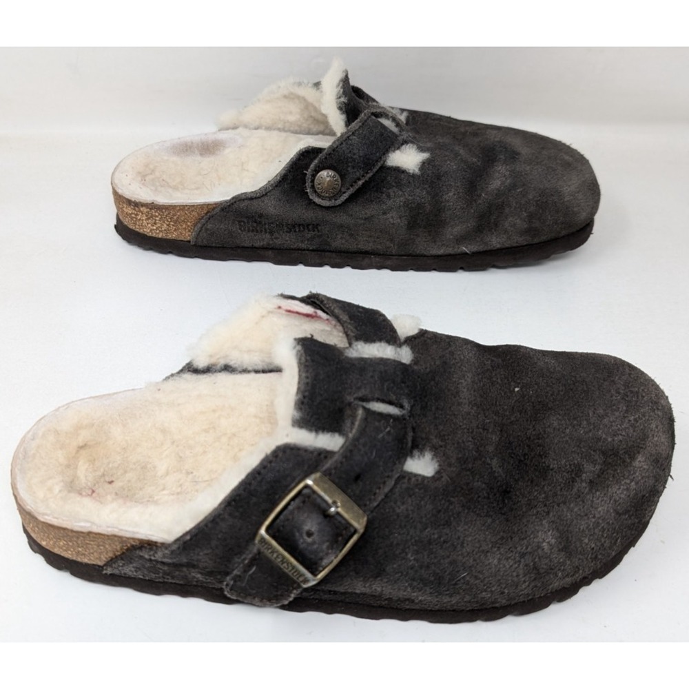 BIRKENSTOCK Womens Sz 37 6 Boston Mules Clogs Suede Leather Shearling Fur Lined